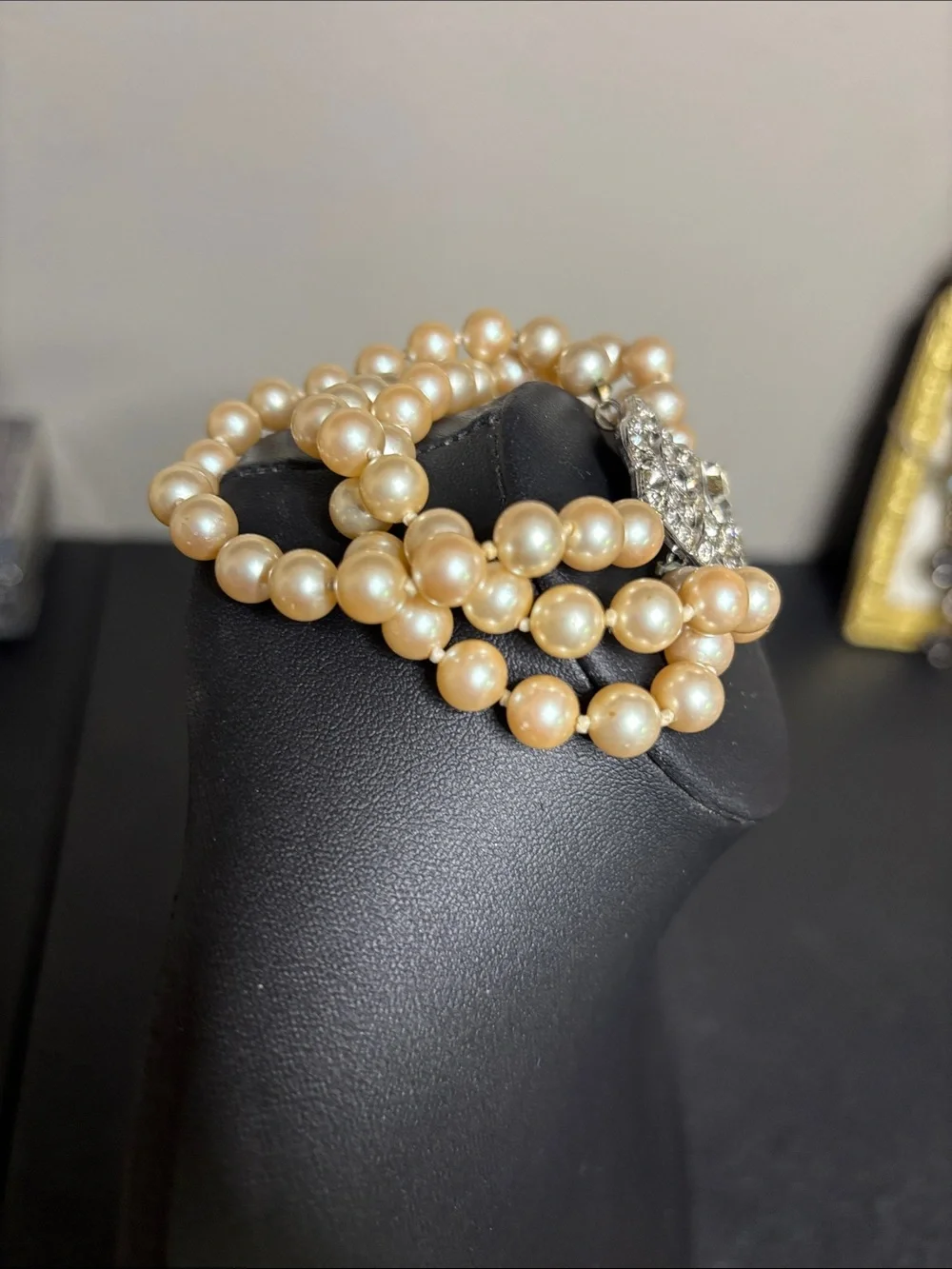 Kenneth Lane Vintage Triple Strand Faux Pearl Bracelet Rhinestone Clasp Art Deco
